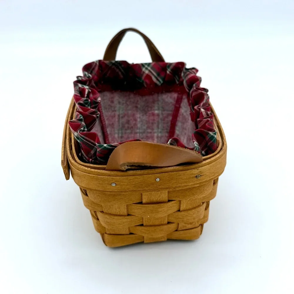 Longaberger 1994 Small Rectangular Basket w/ Leather Handles, Plaid Ruffled Line
